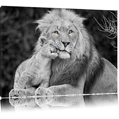 Pixxprint Mooie leeuw met zwart-witte beer op canvas, enorme XXL foto's volledig ingelijst met brancard, kunstdruk op de muurschildering met lijst, goedkoper dan schilderij of schilderij Pixxprint Mooie leeuw met zwart-witte beer op canvas, enorme XXL foto's volledig ingelijst met brancard, kunstdruk op de muurschildering met lijst, goedkoper dan schilderij of schilderij