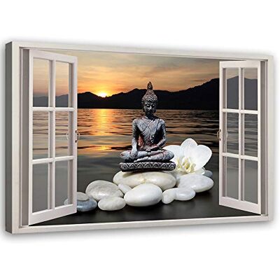 Feeby Bild auf Canvas Buddha Kunstdruck modern Fensterblick mehrfarbig 90x60 cm Feeby Bild auf Canvas Buddha Kunstdruck modern Fensterblick mehrfarbig 90x60 cm