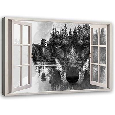 Feeby Afbeelding op vliesdoek Waldsee Wolf 90x60 cm kunstdruk moderne wandafbeeldingen deco hal woonkamer raam illusie 3D grijs Feeby Afbeelding op vliesdoek Waldsee Wolf 90x60 cm kunstdruk moderne wandafbeeldingen deco hal woonkamer raam illusie 3D grijs