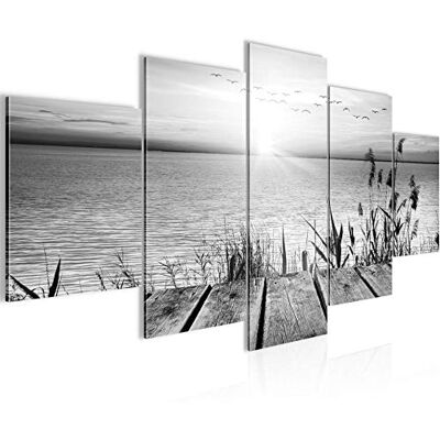 Afbeelding brug aan het meer, 200 x 100 cm, 5 delen, XXL, wanddecoratie, tekening in zwart en wit 034351c Afbeelding brug aan het meer, 200 x 100 cm, 5 delen, XXL, wanddecoratie, tekening in zwart en wit 034351c