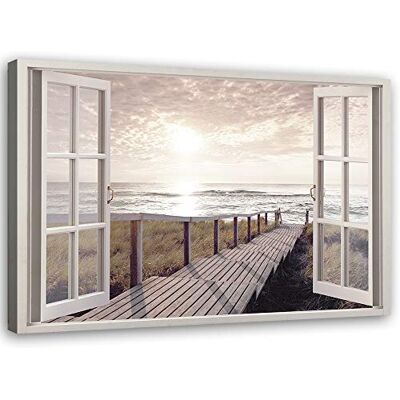Feeby Kunstdruk op canvas, esthetische wandafbeelding voor woonkamer, raam, houten brug, zee, beige, 60 x 40 cm, 1 stuk, wanddecoratie voor slaapkamer, woonkamer, decoratie Feeby Kunstdruk op canvas, esthetische wandafbeelding voor woonkamer, raam, houten brug, zee, beige, 60 x 40 cm, 1 stuk, wanddecoratie voor slaapkamer, woonkamer, decoratie