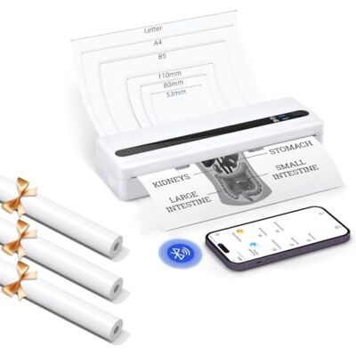 BORN4SHIP PB821 A4 thermische printer, mobiele bluetooth-printer A4, printer Met 3 rollen thermisch papier, voor onderweg, kantoor, school, thuis, compatibel met smartphones en BORN4SHIP PB821 A4 thermische printer, mobiele bluetooth-printer A4, printer Met 3 rollen thermisch papier, voor onderweg, kantoor, school, thuis, compatibel met smartphones en