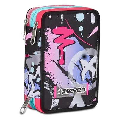 Seven Schooltas met 3 ritssluiting, zwart, paars, fuchsia, Mark On Girl, penhouder met drievoudig vak, compleet met pennen, potloden, kleuren, rugzakaccessoires, elementair, middelgroot, meisje,, Seven Schooltas met 3 ritssluiting, zwart, paars, fuchsia, Mark On Girl, penhouder met drievoudig vak, compleet met pennen, potloden, kleuren, rugzakaccessoires, elementair, middelgroot, meisje,,