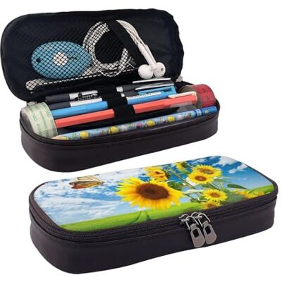 AMINNU Leren etui met zonnebloem en vlinder patroon, duurzaam, studentenetui, pennenetui met ritssluiting, geschikt voor school en kantoor, uniseks, zwart AMINNU Leren etui met zonnebloem en vlinder patroon, duurzaam, studentenetui, pennenetui met ritssluiting, geschikt voor school en kantoor, uniseks, zwart