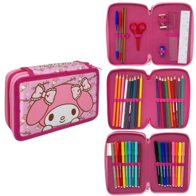 CARTOON Etui met 3 ritssluitingen met Giotto potloden en viltstiften, My Melody, Potloodhouder CARTOON Etui met 3 ritssluitingen met Giotto potloden en viltstiften, My Melody, Potloodhouder