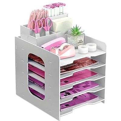 ideallife Brievenbak met 5 niveaus, archiefblad van hout voor bureau, A4 bureau-organizer met penhouder, aktetas ideallife Brievenbak met 5 niveaus, archiefblad van hout voor bureau, A4 bureau-organizer met penhouder, aktetas