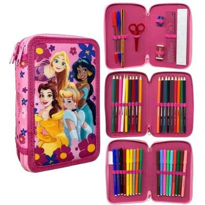 CARTOON Etui met 3 ritssluiting, compleet, 44 stuks, schrijfwaren, meerdere vakken, kleurpotloden, viltstiften, giotto voor school, Prinsessen, etui CARTOON Etui met 3 ritssluiting, compleet, 44 stuks, schrijfwaren, meerdere vakken, kleurpotloden, viltstiften, giotto voor school, Prinsessen, etui