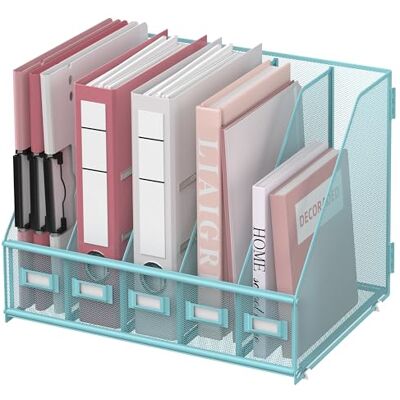 SUPEASY Bureau-organizer, metalen bureau-organizer, documentendoos met 5 verticale vakken, archieforganizer voor kantoor, blauw SUPEASY Bureau-organizer, metalen bureau-organizer, documentendoos met 5 verticale vakken, archieforganizer voor kantoor, blauw