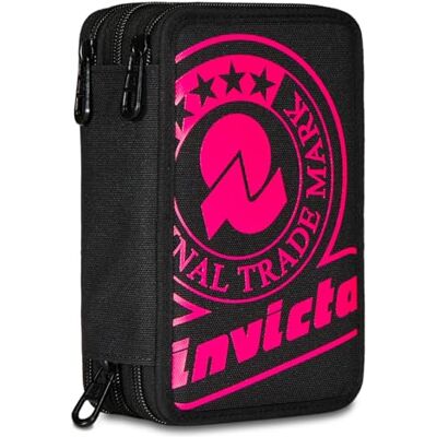Invicta Schooletui met 3 ritssluiting, solide print, zwart en paars, drievoudig compleet vak met pennen, potloden en markers, schoolaccessoires, rugzakaccessoires, school Invicta Schooletui met 3 ritssluiting, solide print, zwart en paars, drievoudig compleet vak met pennen, potloden en markers, schoolaccessoires, rugzakaccessoires, school
