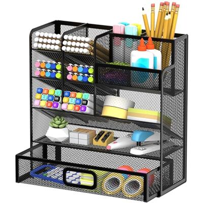 SUPEASY Metalen pennen/potloodhouder, bureau-organizer met lade, multifunctionele potloodorganizer, bureau-organizer en accessoires voor Office Art Supplies (zwart) SUPEASY Metalen pennen/potloodhouder, bureau-organizer met lade, multifunctionele potloodorganizer, bureau-organizer en accessoires voor Office Art Supplies (zwart)