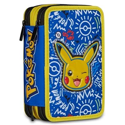 Seven Trousse Pokémon remplie à 3 compartiments avec crayons, feutres, accessoires, fournitures scolaires, écoles et loisirs, pour filles et garçons, jaune/bleu Seven Trousse Pokémon remplie à 3 compartiments avec crayons, feutres, accessoires, fournitures scolaires, écoles et loisirs, pour filles et garçons, jaune/bleu