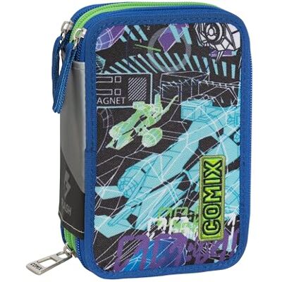 COMIX FLASH Schooltas met 3 vakken voor kinderen en meisjes, met complete schrijfwarenset, 5 etiketten en praktische ritssluitingen, 13 x 20 x 7 cm, Lost Space, blauw, casual, Blauw, informeel COMIX FLASH Schooltas met 3 vakken voor kinderen en meisjes, met complete schrijfwarenset, 5 etiketten en praktische ritssluitingen, 13 x 20 x 7 cm, Lost Space, blauw, casual, Blauw, informeel