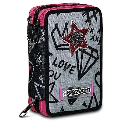 Seven Etui met 3 ritssluiting, ritssluiting Glamy, uitgerust met potloden, viltstiften enz., grijs, school en vrije tijd Seven Etui met 3 ritssluiting, ritssluiting Glamy, uitgerust met potloden, viltstiften enz., grijs, school en vrije tijd