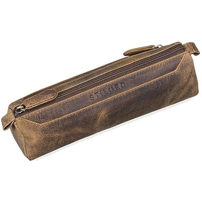 STILORD "Jim" pennenetui van leer, vintage, pennenetui, groot rond etui, 2 vakken voor pennen, schoolinganizer van echt leer, kleur: middenbruin STILORD "Jim" pennenetui van leer, vintage, pennenetui, groot rond etui, 2 vakken voor pennen, schoolinganizer van echt leer, kleur: middenbruin