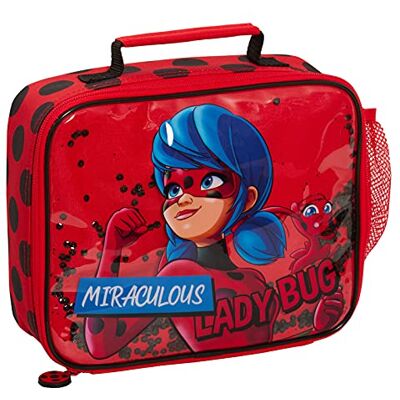 Miraculous Lunchtas voor meisjes met beweegbare glitter voor school, reizen, met drankhouder, rood, één maat, lunchbox Miraculous Lunchtas voor meisjes met beweegbare glitter voor school, reizen, met drankhouder, rood, één maat, lunchbox