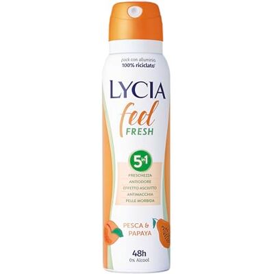 Lycia , Feel Fresh Deodorant Spray Perzik en Papaya, 5-in-1 formule tegen geur, frisheid, droog effect, anti-vlekken en zachte huid, effectief tot 48 uur, alcoholvrij, 150 ml Lycia , Feel Fresh Deodorant Spray Perzik en Papaya, 5-in-1 formule tegen geur, frisheid, droog effect, anti-vlekken en zachte huid, effectief tot 48 uur, alcoholvrij, 150 ml