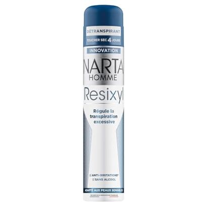 Narta Resixyl Deodorantspray voor heren – zweetafvoerend droog gevoel 4 dagen – reguleert overmatig zweten – anti-irritatie* – 0% alcohol** – gevoelige huid – anti-sporen wit – 200 ml Narta Resixyl Deodorantspray voor heren – zweetafvoerend droog gevoel 4 dagen – reguleert overmatig zweten – anti-irritatie* – 0% alcohol** – gevoelige huid – anti-sporen wit – 200 ml