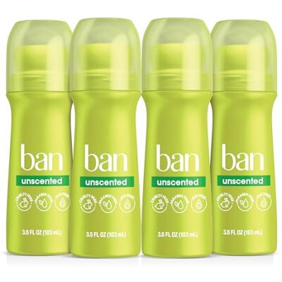Ban Invisible Roll-on 4 stuks anti-transpirant deodorant voor mannen en vrouwen 24 uur bescherming tegen geuren en zweet onder de oksels, ongeparfumeerd, 100 ml Ban Invisible Roll-on 4 stuks anti-transpirant deodorant voor mannen en vrouwen 24 uur bescherming tegen geuren en zweet onder de oksels, ongeparfumeerd, 100 ml
