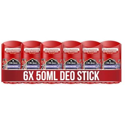 Old Spice Nightpanther Deostick voor heren, 6 x 50 ml, frisheid 48 uur, langdurige geur in geurkwaliteit, 0% aluminiumzouten, geen vlekken op zwart en wit, 6 stuks Old Spice Nightpanther Deostick voor heren, 6 x 50 ml, frisheid 48 uur, langdurige geur in geurkwaliteit, 0% aluminiumzouten, geen vlekken op zwart en wit, 6 stuks