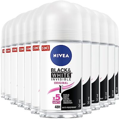 NIVEA Black & White Invisible Original Deodorant Roll-On anti-transpirant, 48 uur, bescherming tegen slechte geuren, zweet, restvlekken, irritatie, 12 x 50 ml flessen NIVEA Black & White Invisible Original Deodorant Roll-On anti-transpirant, 48 uur, bescherming tegen slechte geuren, zweet, restvlekken, irritatie, 12 x 50 ml flessen