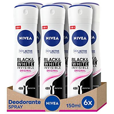 NIVEA Black & White Invisible Original Spray 6 x 150 ml, effectieve deodorant voor dames, 72 uur, deodorant spray tegen geuren, zweet, resten, irritatie en vlekken NIVEA Black & White Invisible Original Spray 6 x 150 ml, effectieve deodorant voor dames, 72 uur, deodorant spray tegen geuren, zweet, resten, irritatie en vlekken