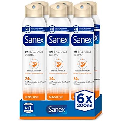 Sanex Dermo Sensitive Set van 6 deodorantspray, anti-transpirant, tot 24 uur bescherming tegen zweet en geuren, zacht voor de gevoelige huid, herstelt de natuurlijke pH-waarde van de huid Sanex Dermo Sensitive Set van 6 deodorantspray, anti-transpirant, tot 24 uur bescherming tegen zweet en geuren, zacht voor de gevoelige huid, herstelt de natuurlijke pH-waarde van de huid