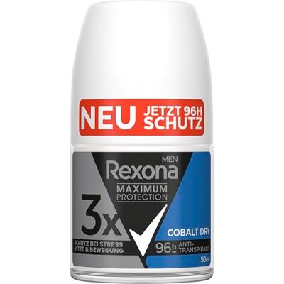 Rexona Men Maximum Protection Roll-On Cobalt Dry anti-transpirant deodorant met 3 beschermers tegen stress, hitte en beweging, 96 uur extreme bescherming, 50 ml, 6 stuks Rexona Men Maximum Protection Roll-On Cobalt Dry anti-transpirant deodorant met 3 beschermers tegen stress, hitte en beweging, 96 uur extreme bescherming, 50 ml, 6 stuks