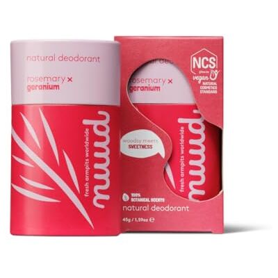 Nuud Deodorantstick 45 g Natuurlijke deodorant zonder chemicaliën, NCS veganistisch, 48 uur effectief, geurvrij, aluminiumvrij, alcoholvrij, uniseks, voor 6-7 weken (rozemarijn en geranium Nuud Deodorantstick 45 g Natuurlijke deodorant zonder chemicaliën, NCS veganistisch, 48 uur effectief, geurvrij, aluminiumvrij, alcoholvrij, uniseks, voor 6-7 weken (rozemarijn en geranium