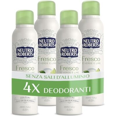 Neutro Roberts , Deospray fris groen, groene thee en limoen, geen aluminiumzouten, geen vlekken, met pure glycerineolie, Deo mannen en vrouwen, dermatologisch getest 48 uur 4 stuks Neutro Roberts , Deospray fris groen, groene thee en limoen, geen aluminiumzouten, geen vlekken, met pure glycerineolie, Deo mannen en vrouwen, dermatologisch getest 48 uur 4 stuks