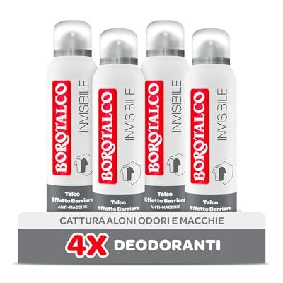 Borotalco , Onzichtbare deodorantspray, grijs, met talkbarrièreeffect, vangt geen halo's, 48 uur efficiëntie, zonder alcohol, klassieke geur 4 stuks à 150 ml exclusief Amazon Borotalco , Onzichtbare deodorantspray, grijs, met talkbarrièreeffect, vangt geen halo's, 48 uur efficiëntie, zonder alcohol, klassieke geur 4 stuks à 150 ml exclusief Amazon