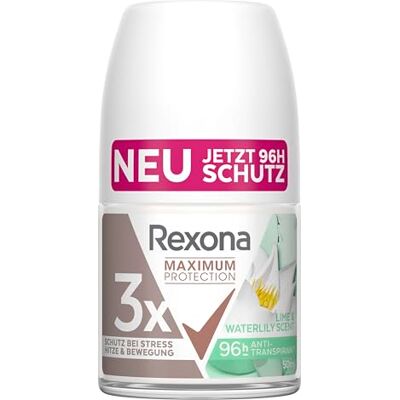 Rexona Maximum Protection Deo Roll-On Lime & Waterlily Scent Anti-transpirant met 3 bescherming tegen stress, hitte en beweging, 96 uur extreme bescherming, 50 ml Rexona Maximum Protection Deo Roll-On Lime & Waterlily Scent Anti-transpirant met 3 bescherming tegen stress, hitte en beweging, 96 uur extreme bescherming, 50 ml