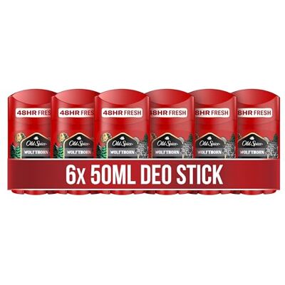 Old Spice Wolfthorn Deostick voor heren, 6 stuks, 50 ml, frisheid 48 uur, langdurige geur, 0% aluminiumzouten, geen vlekken op zwart en wit, gemaakt van 50% Old Spice Wolfthorn Deostick voor heren, 6 stuks, 50 ml, frisheid 48 uur, langdurige geur, 0% aluminiumzouten, geen vlekken op zwart en wit, gemaakt van 50%