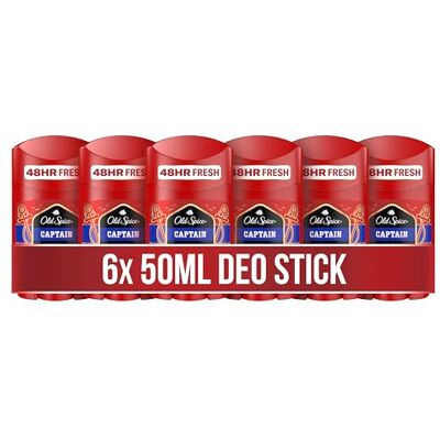 Old Spice Captain Deostick voor heren, verpakking van 6 stuks, 50 ml, frisheid 24/7 voor dagelijks gebruik, langdurige geur, geurbescherming, zonder aluminiumzouten, onzichtbaar Old Spice Captain Deostick voor heren, verpakking van 6 stuks, 50 ml, frisheid 24/7 voor dagelijks gebruik, langdurige geur, geurbescherming, zonder aluminiumzouten, onzichtbaar