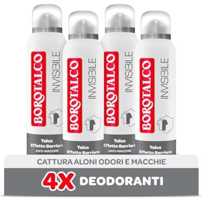 Borotalco , Deodorant voor mannen, onzichtbare spray, met beschermende talk, vlekbestendig, alcoholvrij, muskusgeur, 72 uur effectiviteit 4 stuks à 150 ml exclusief van Amazon Borotalco , Deodorant voor mannen, onzichtbare spray, met beschermende talk, vlekbestendig, alcoholvrij, muskusgeur, 72 uur effectiviteit 4 stuks à 150 ml exclusief van Amazon