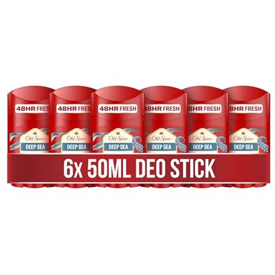 Old Spice Deep Sea Deodorantstick voor heren, 6 x 50 ml, 48 uur frisheid, langdurige geur in geurkwaliteit, 0% aluminiumzouten, geen vlekken op zwart en wit, gemaakt in Old Spice Deep Sea Deodorantstick voor heren, 6 x 50 ml, 48 uur frisheid, langdurige geur in geurkwaliteit, 0% aluminiumzouten, geen vlekken op zwart en wit, gemaakt in
