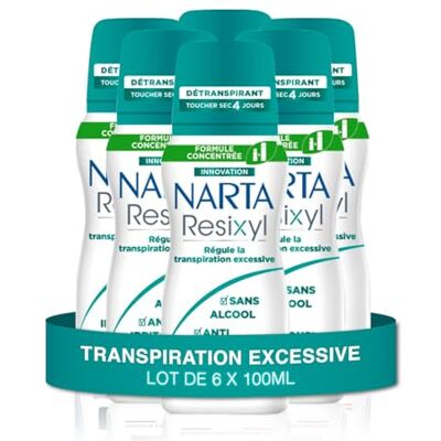 Narta Resixyl Gecomprimeerde Deodorant Spray voor dames Zweet- en droogaanraking 4 dagen Overmatig zweten Anti-irritatie* 0% Alcohol** Gevoelige Huid Anti-witte vlekken 100ml Set van 6 Narta Resixyl Gecomprimeerde Deodorant Spray voor dames Zweet- en droogaanraking 4 dagen Overmatig zweten Anti-irritatie* 0% Alcohol** Gevoelige Huid Anti-witte vlekken 100ml Set van 6