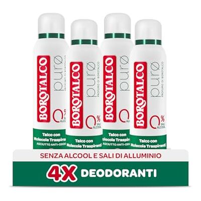 Borotalco , Pure deodorantspray, talk met ademende moleculen, droog geurremmend, 48 uur efficiëntie, zonder alcohol en aluminiumzouten, geur van marotalk 4 stuks à 150 ml exclusief van Amazon Borotalco , Pure deodorantspray, talk met ademende moleculen, droog geurremmend, 48 uur efficiëntie, zonder alcohol en aluminiumzouten, geur van marotalk 4 stuks à 150 ml exclusief van Amazon