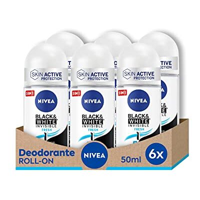 NIVEA Black & White Invisible Fresh Deodorant Roll-on 6 x 50 ml, Deo Fresh en anti-halospray, geurende anti-transpirant spray beschermt huid en kleding NIVEA Black & White Invisible Fresh Deodorant Roll-on 6 x 50 ml, Deo Fresh en anti-halospray, geurende anti-transpirant spray beschermt huid en kleding