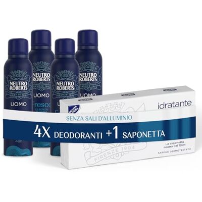 Neutro Roberts Deodorantspray voor heren, essence marine, met anti-geur, geen aluminiumzouten, geen vlekken, met pure glycerineolie, dermatologisch getest, 48 uur 4 stuks van 150 ml Neutro Roberts Deodorantspray voor heren, essence marine, met anti-geur, geen aluminiumzouten, geen vlekken, met pure glycerineolie, dermatologisch getest, 48 uur 4 stuks van 150 ml