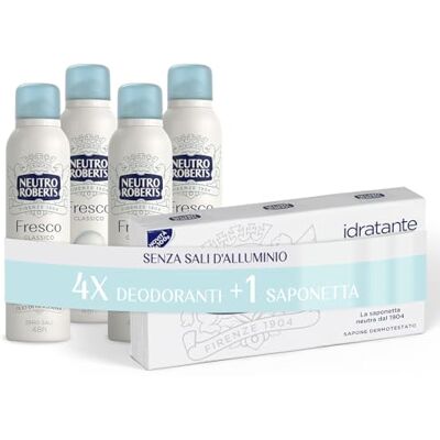 Neutro Roberts , Klassieke frisse deodorantspray, geen aluminiumzouten, geen vlekken, met pure glycerineolie, deodorant voor mannen en vrouwen, dermatologisch getest, 48 uur 4 stuks van 150 ml Neutro Roberts , Klassieke frisse deodorantspray, geen aluminiumzouten, geen vlekken, met pure glycerineolie, deodorant voor mannen en vrouwen, dermatologisch getest, 48 uur 4 stuks van 150 ml