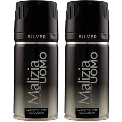 Malizia Homme Parfum d'Entente Deodorantspray 150 ml – eau de toilette mannelijk, intensieve en duurzame geur, frisheid voor de hele dag (zilver, 2 stuks) Malizia Homme Parfum d'Entente Deodorantspray 150 ml – eau de toilette mannelijk, intensieve en duurzame geur, frisheid voor de hele dag (zilver, 2 stuks)