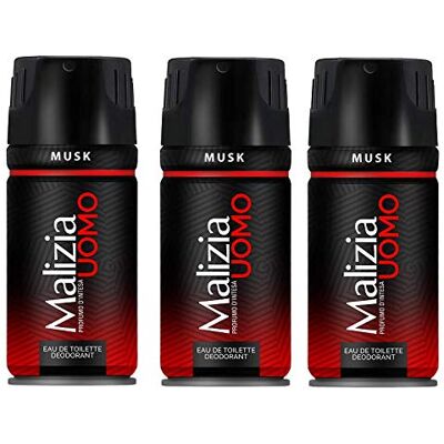 Malizia 3 x Uomo Musk mann deodorant, 150 ml, Edt geur Malizia 3 x Uomo Musk mann deodorant, 150 ml, Edt geur