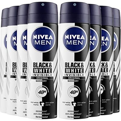 NIVEA Men Black & White 8 x 150 ml deodorant voor heren, anti-transpirant, 48 uur, bescherming tegen slechte geuren, zweetvlekken, resten, irritatie NIVEA Men Black & White 8 x 150 ml deodorant voor heren, anti-transpirant, 48 uur, bescherming tegen slechte geuren, zweetvlekken, resten, irritatie