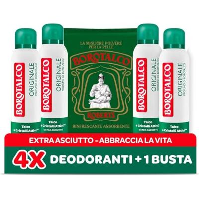 Borotalco , Originele deodorantspray met actieve kristaltalk, drievoudige droge bescherming, zonder alcohol, talkgeur, 48 uur effectiviteit 4 stuks 150 ml exclusief Amazon Borotalco , Originele deodorantspray met actieve kristaltalk, drievoudige droge bescherming, zonder alcohol, talkgeur, 48 uur effectiviteit 4 stuks 150 ml exclusief Amazon