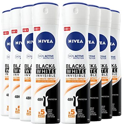 NIVEA Black & White Invisible Ultimate Impact Deodorant Spray 48 uur SkinActive alcoholvrije bescherming tegen slechte geuren, zweetvlekken, resten, irritatie NIVEA Black & White Invisible Ultimate Impact Deodorant Spray 48 uur SkinActive alcoholvrije bescherming tegen slechte geuren, zweetvlekken, resten, irritatie
