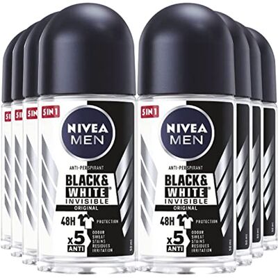 NIVEA Men Black & White Original Roll-On deodorant voor heren, anti-transpirant, 48 uur, bescherming tegen slechte geuren, zweet, restvlekken, irritatie, 8 x 50 ml NIVEA Men Black & White Original Roll-On deodorant voor heren, anti-transpirant, 48 uur, bescherming tegen slechte geuren, zweet, restvlekken, irritatie, 8 x 50 ml