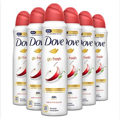 Dove , Go Fresh Apple Deodorant Spray met 1/4 vochtinbrengende crème, anti-transpirant, zonder alcohol, droge huid tot 48 uur, appelgeur, deodorant voor mannen en vrouwen, 6 stuks à 150 ml Dove , Go Fresh Apple Deodorant Spray met 1/4 vochtinbrengende crème, anti-transpirant, zonder alcohol, droge huid tot 48 uur, appelgeur, deodorant voor mannen en vrouwen, 6 stuks à 150 ml