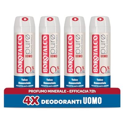 Borotalco , Deodorant voor mannen, pure spray, met etherische talk, formule zonder alcohol en aluminiumzouten, 72 uur effectiviteit, minerale geur, 4 flessen van 150 ml Borotalco , Deodorant voor mannen, pure spray, met etherische talk, formule zonder alcohol en aluminiumzouten, 72 uur effectiviteit, minerale geur, 4 flessen van 150 ml