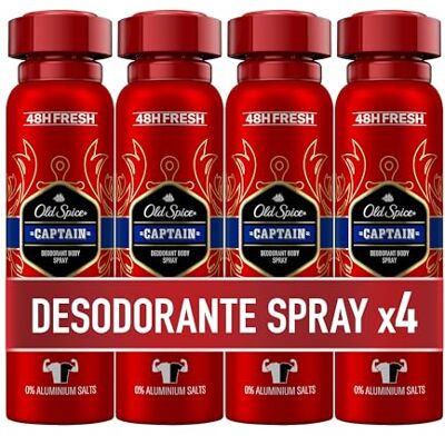 Old Spice Captain Body Deo Spray voor heren, 48 uur koel, 0% aluminiumzouten, anti-witte en gele vlekken, 4 x 150 ml Old Spice Captain Body Deo Spray voor heren, 48 uur koel, 0% aluminiumzouten, anti-witte en gele vlekken, 4 x 150 ml