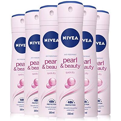 NIVEA Pearl & Beauty Deospray in set van 6 x 150 ml deodorant voor dames met parelextracten voor een lichte en soepele huid, deo anti-transpirant spray voor 48 uur NIVEA Pearl & Beauty Deospray in set van 6 x 150 ml deodorant voor dames met parelextracten voor een lichte en soepele huid, deo anti-transpirant spray voor 48 uur